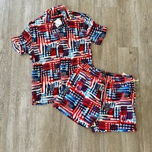 Mens NWT Forever 21 American Flag Swim Trunks / Top Set - M